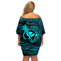 Hawaii Off Shoulder Short Dress Hammerhead Shark Tattoo Mix Polynesian Plumeria Turquoise Version - Wonder Print Shop