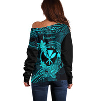 Hawaii Off Shoulder Sweater Hammerhead Shark Tattoo Mix Polynesian Plumeria Turquoise Version - Wonder Print Shop