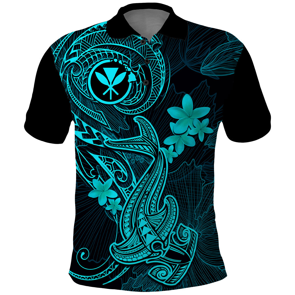 Hawaii Polo Shirt Hammerhead Shark Tattoo Mix Polynesian Plumeria Turquoise Version - Wonder Print Shop