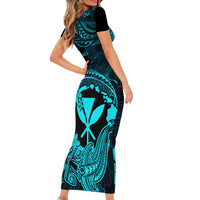 Hawaii Short Sleeve Bodycon Dress Hammerhead Shark Tattoo Mix Polynesian Plumeria Turquoise Version - Wonder Print Shop