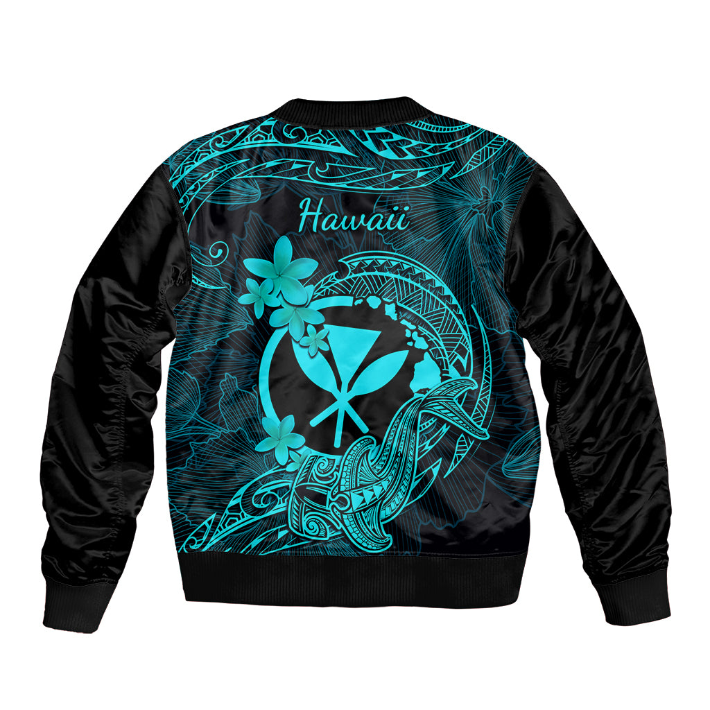 Hawaii Sleeve Zip Bomber Jacket Hammerhead Shark Tattoo Mix Polynesian Plumeria Turquoise Version - Wonder Print Shop