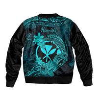 Hawaii Sleeve Zip Bomber Jacket Hammerhead Shark Tattoo Mix Polynesian Plumeria Turquoise Version - Wonder Print Shop