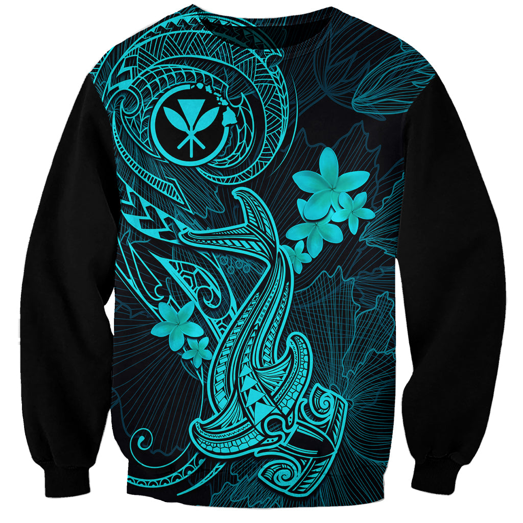 Hawaii Sweatshirt Hammerhead Shark Tattoo Mix Polynesian Plumeria Turquoise Version - Wonder Print Shop