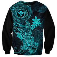 Hawaii Sweatshirt Hammerhead Shark Tattoo Mix Polynesian Plumeria Turquoise Version - Wonder Print Shop