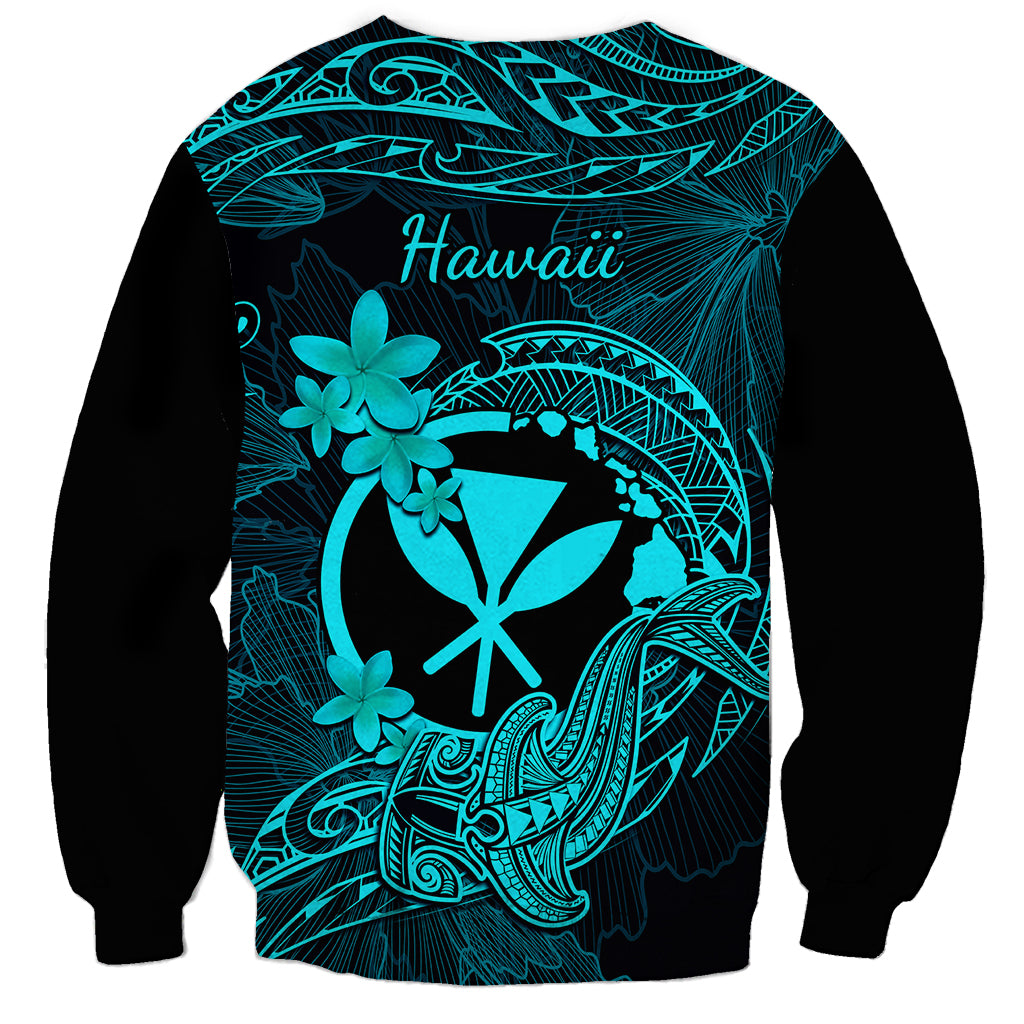 Hawaii Sweatshirt Hammerhead Shark Tattoo Mix Polynesian Plumeria Turquoise Version - Wonder Print Shop