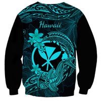 Hawaii Sweatshirt Hammerhead Shark Tattoo Mix Polynesian Plumeria Turquoise Version - Wonder Print Shop