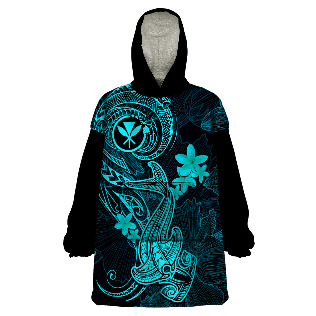 Hawaii Wearable Blanket Hoodie Hammerhead Shark Tattoo Mix Polynesian Plumeria Turquoise Version - Wonder Print Shop