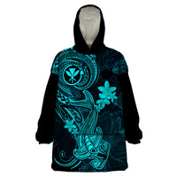 Hawaii Wearable Blanket Hoodie Hammerhead Shark Tattoo Mix Polynesian Plumeria Turquoise Version - Wonder Print Shop