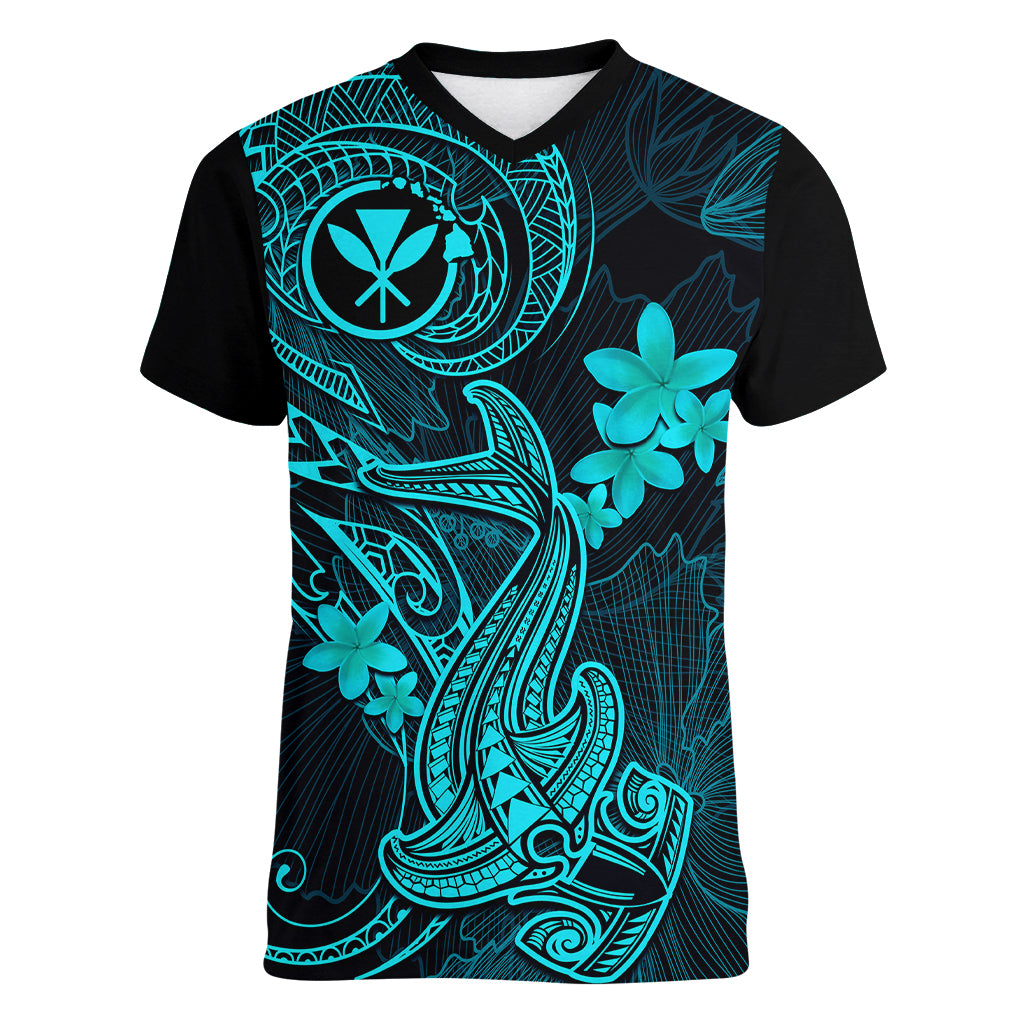 Hawaii Women V Neck T Shirt Hammerhead Shark Tattoo Mix Polynesian Plumeria Turquoise Version - Wonder Print Shop