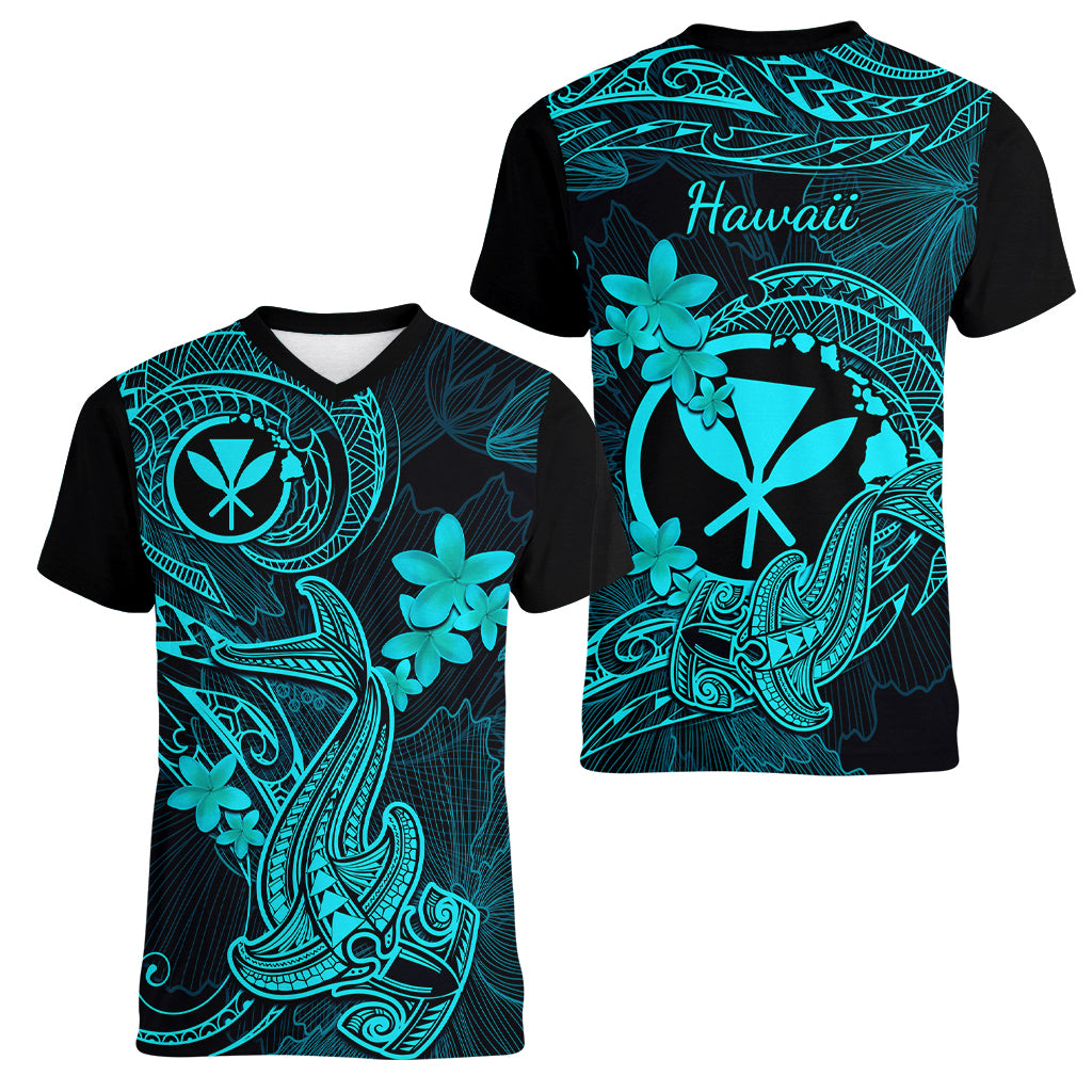 Hawaii Women V Neck T Shirt Hammerhead Shark Tattoo Mix Polynesian Plumeria Turquoise Version - Wonder Print Shop
