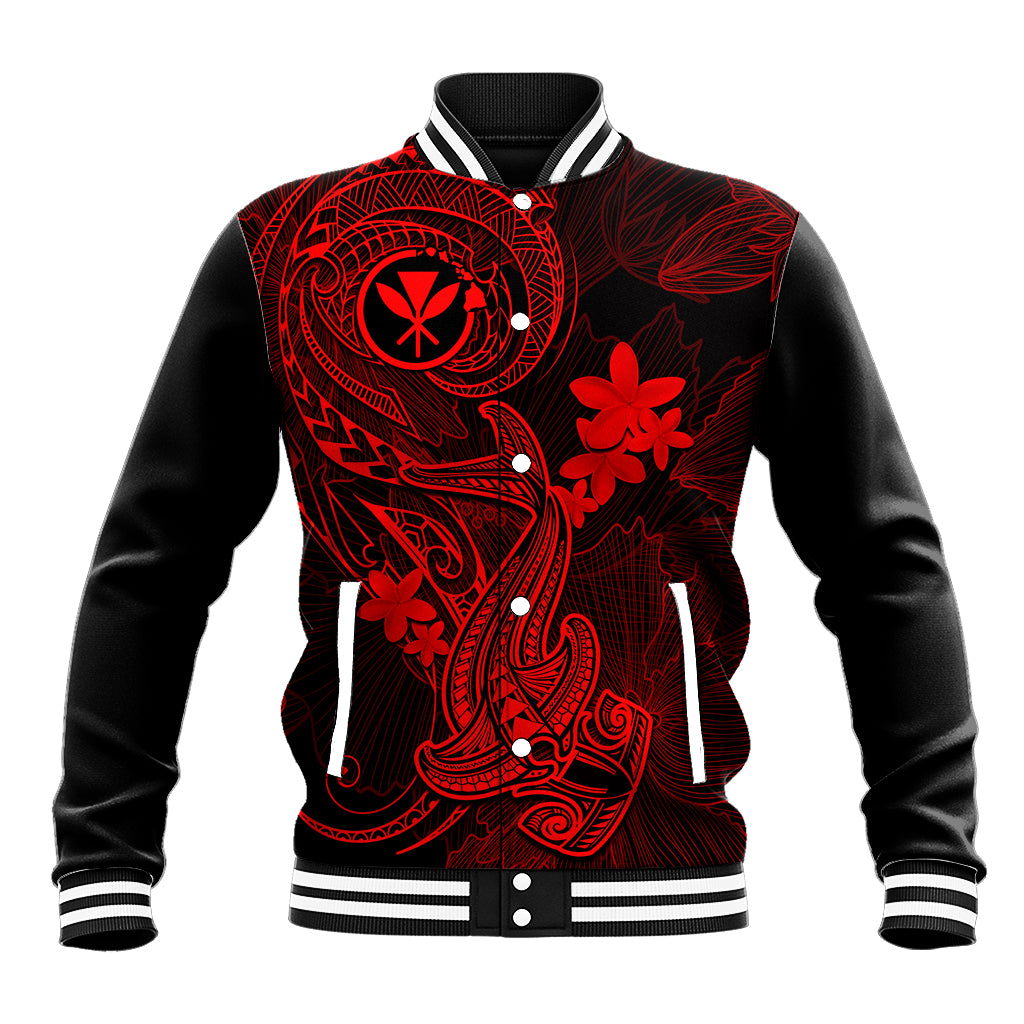 Hawaii Baseball Jacket Hammerhead Shark Tattoo Mix Polynesian Plumeria Red Version - Wonder Print Shop