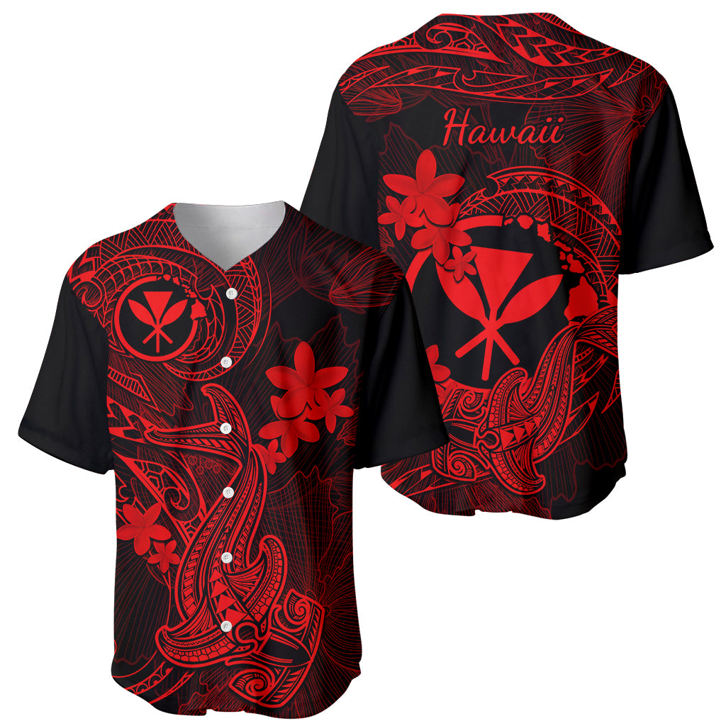 Hawaii Baseball Jersey Hammerhead Shark Tattoo Mix Polynesian Plumeria Red Version - Wonder Print Shop