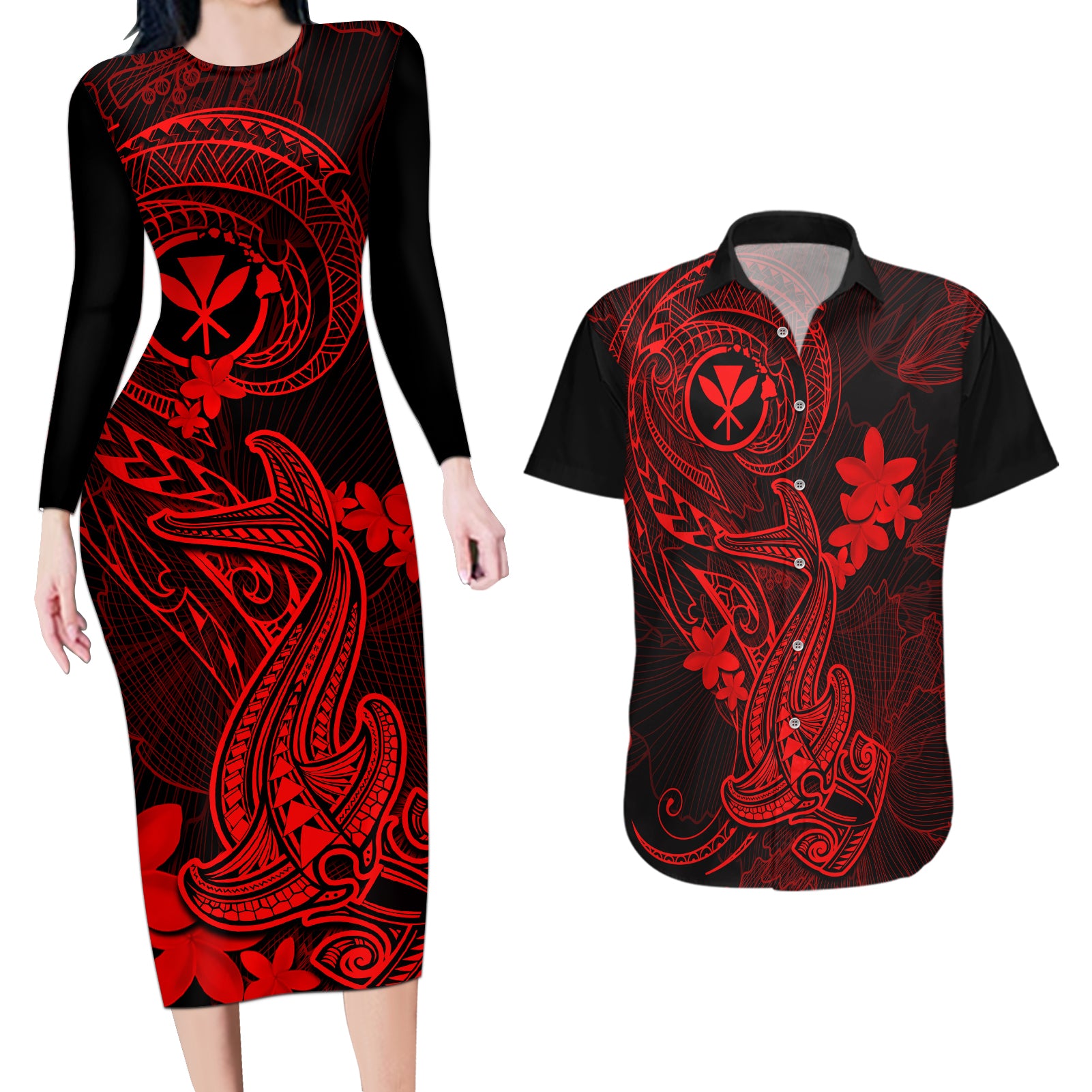 Hawaii Couples Matching Long Sleeve Bodycon Dress and Hawaiian Shirt Hammerhead Shark Tattoo Mix Polynesian Plumeria Red Version - Wonder Print Shop