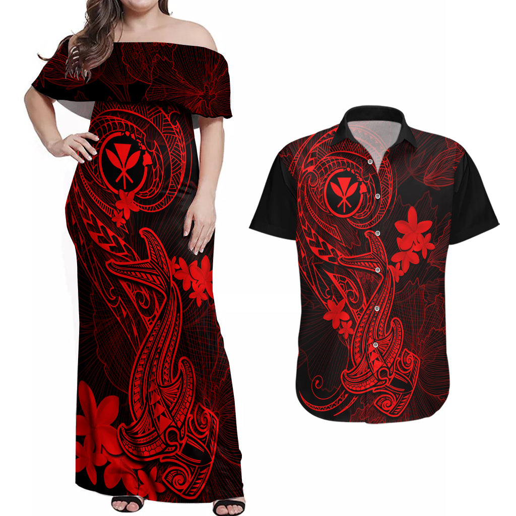 Hawaii Couples Matching Off Shoulder Maxi Dress and Hawaiian Shirt Hammerhead Shark Tattoo Mix Polynesian Plumeria Red Version - Wonder Print Shop