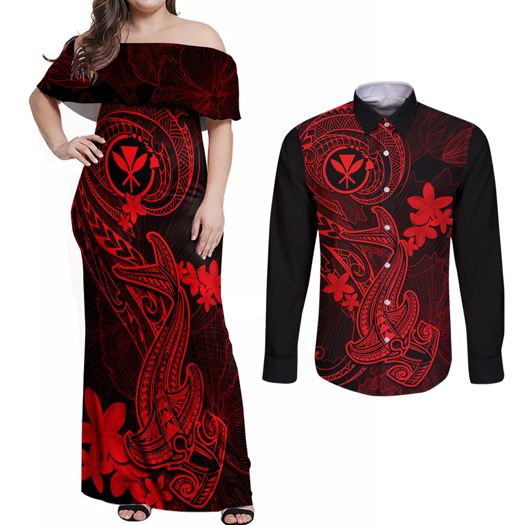 Hawaii Couples Matching Off Shoulder Maxi Dress and Long Sleeve Button Shirts Hammerhead Shark Tattoo Mix Polynesian Plumeria Red Version - Wonder Print Shop