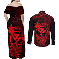 Hawaii Couples Matching Off Shoulder Maxi Dress and Long Sleeve Button Shirts Hammerhead Shark Tattoo Mix Polynesian Plumeria Red Version - Wonder Print Shop
