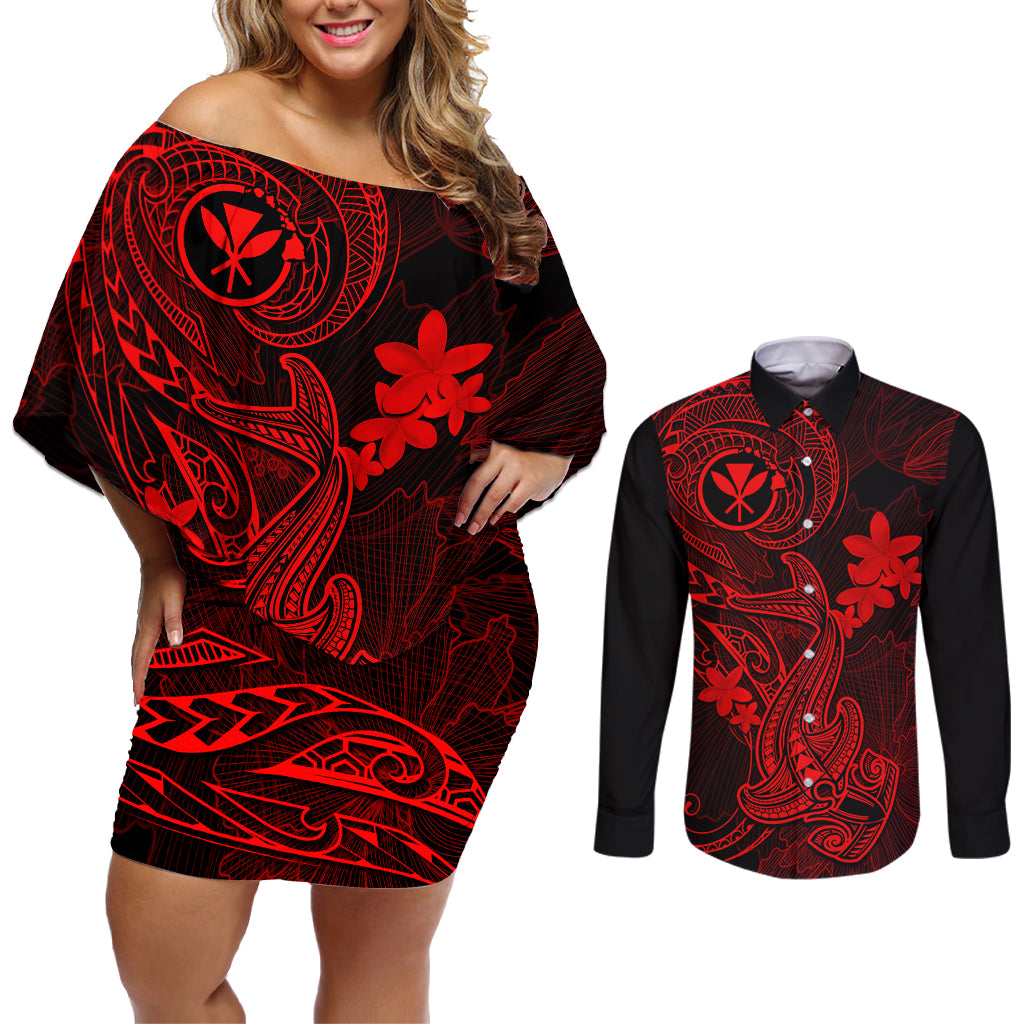 Hawaii Couples Matching Off Shoulder Short Dress and Long Sleeve Button Shirts Hammerhead Shark Tattoo Mix Polynesian Plumeria Red Version - Wonder Print Shop
