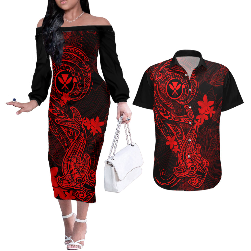 Hawaii Couples Matching Off The Shoulder Long Sleeve Dress and Hawaiian Shirt Hammerhead Shark Tattoo Mix Polynesian Plumeria Red Version - Wonder Print Shop