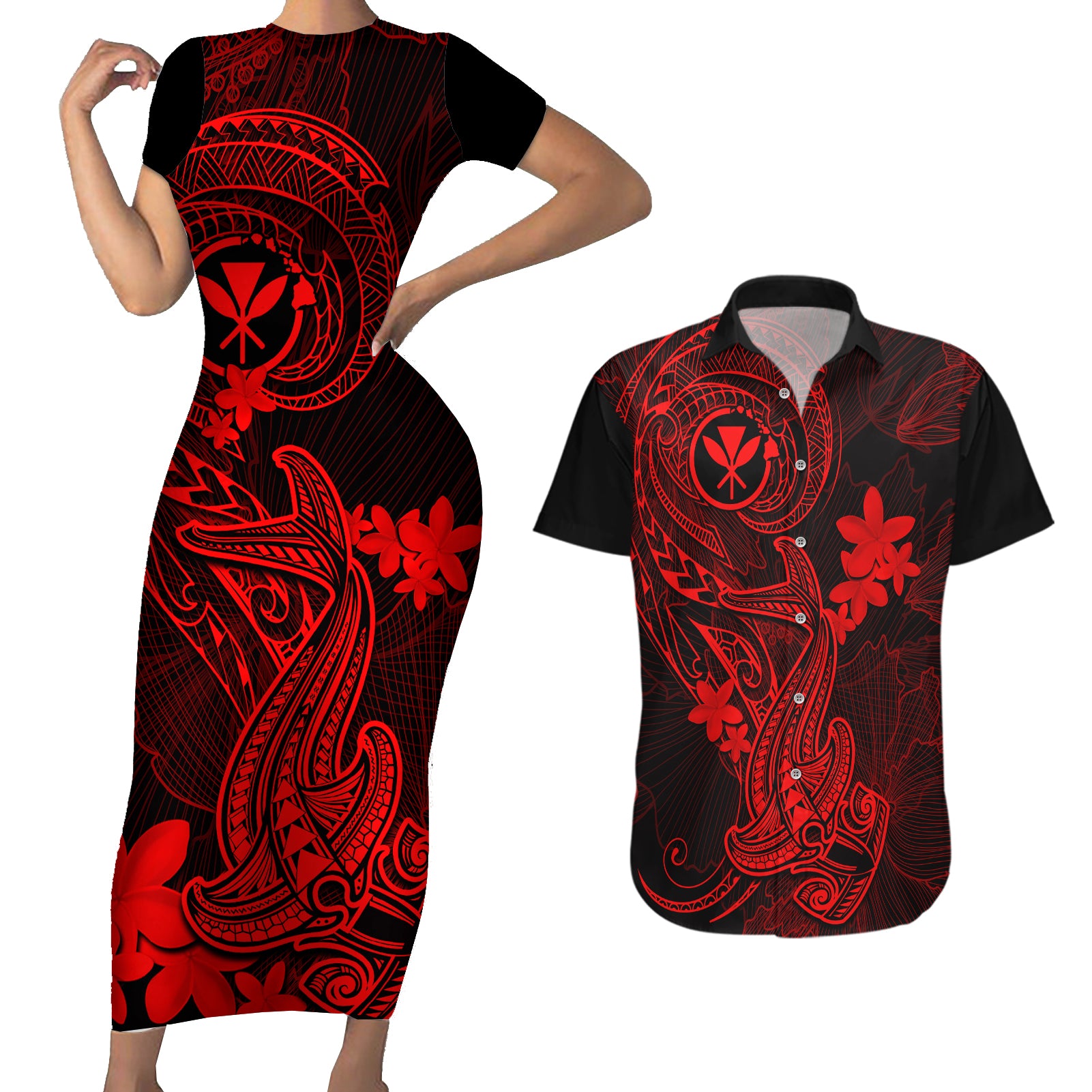 Hawaii Couples Matching Short Sleeve Bodycon Dress and Hawaiian Shirt Hammerhead Shark Tattoo Mix Polynesian Plumeria Red Version - Wonder Print Shop