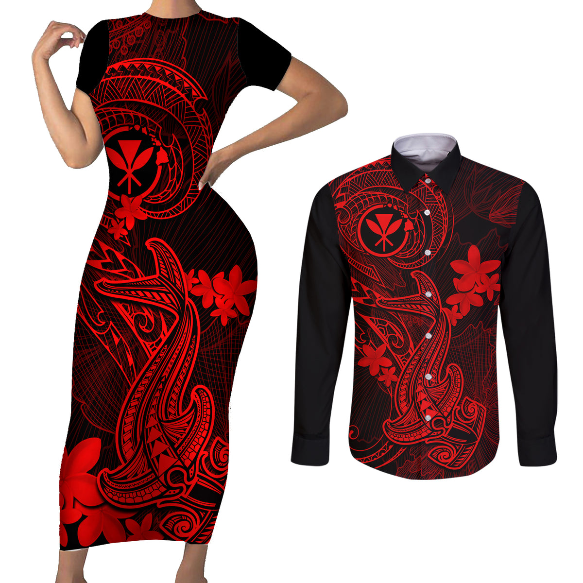 Hawaii Couples Matching Short Sleeve Bodycon Dress and Long Sleeve Button Shirts Hammerhead Shark Tattoo Mix Polynesian Plumeria Red Version - Wonder Print Shop
