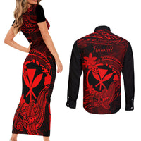 Hawaii Couples Matching Short Sleeve Bodycon Dress and Long Sleeve Button Shirts Hammerhead Shark Tattoo Mix Polynesian Plumeria Red Version - Wonder Print Shop