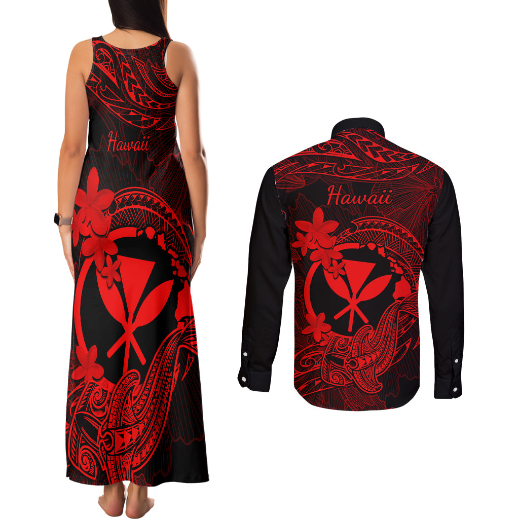 Hawaii Couples Matching Tank Maxi Dress and Long Sleeve Button Shirts Hammerhead Shark Tattoo Mix Polynesian Plumeria Red Version - Wonder Print Shop
