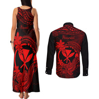 Hawaii Couples Matching Tank Maxi Dress and Long Sleeve Button Shirts Hammerhead Shark Tattoo Mix Polynesian Plumeria Red Version - Wonder Print Shop