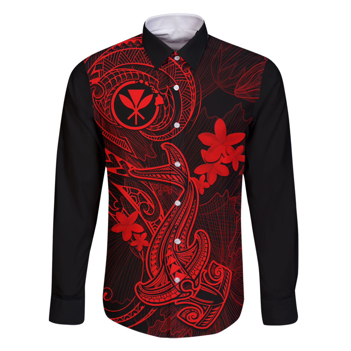 Hawaii Family Matching Mermaid Dress and Hawaiian Shirt Hammerhead Shark Tattoo Mix Polynesian Plumeria Red Version - Wonder Print Shop