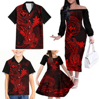 Hawaii Family Matching Off Shoulder Long Sleeve Dress and Hawaiian Shirt Hammerhead Shark Tattoo Mix Polynesian Plumeria Red Version - Wonder Print Shop