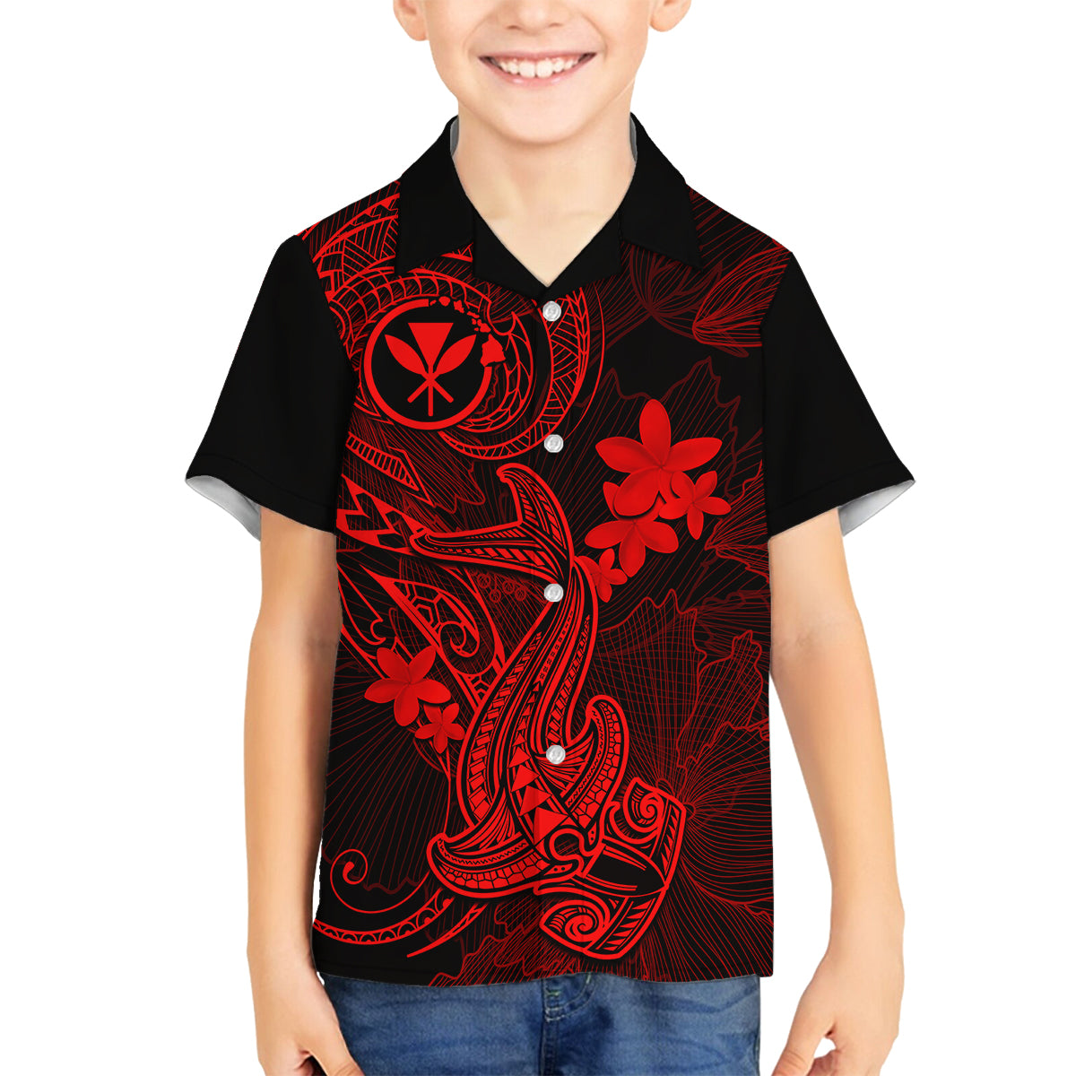 Hawaii Family Matching Off Shoulder Long Sleeve Dress and Hawaiian Shirt Hammerhead Shark Tattoo Mix Polynesian Plumeria Red Version - Wonder Print Shop