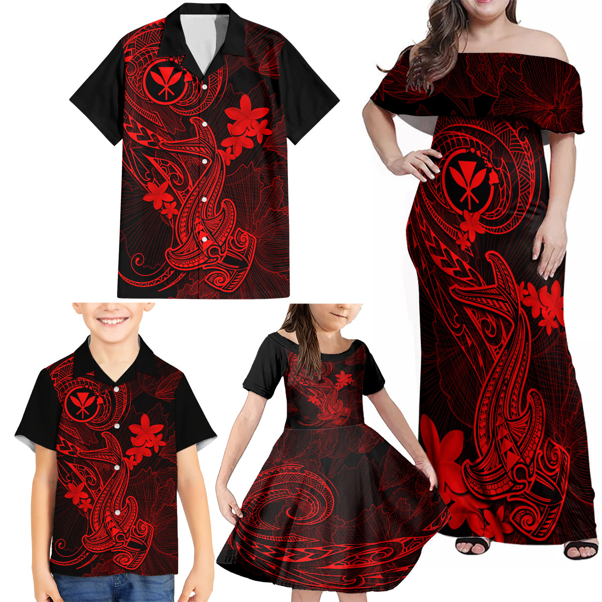 Hawaii Family Matching Off Shoulder Maxi Dress and Hawaiian Shirt Hammerhead Shark Tattoo Mix Polynesian Plumeria Red Version - Wonder Print Shop