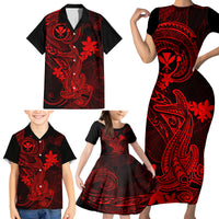 Hawaii Family Matching Short Sleeve Bodycon Dress and Hawaiian Shirt Hammerhead Shark Tattoo Mix Polynesian Plumeria Red Version - Wonder Print Shop
