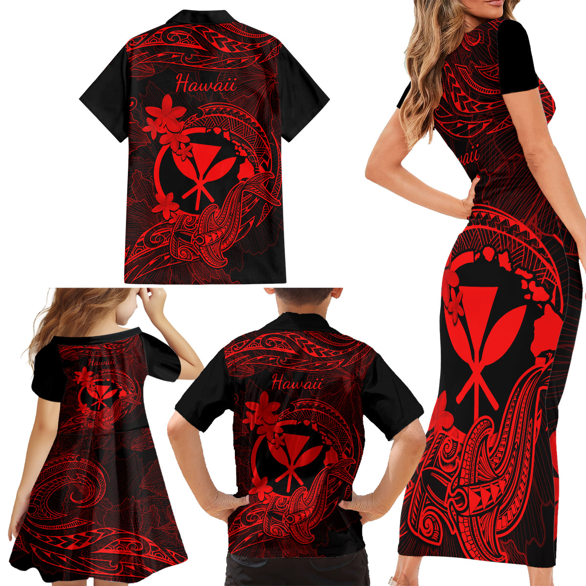 Hawaii Family Matching Short Sleeve Bodycon Dress and Hawaiian Shirt Hammerhead Shark Tattoo Mix Polynesian Plumeria Red Version - Wonder Print Shop