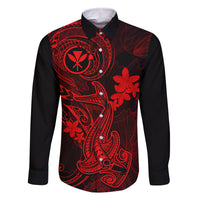 Hawaii Family Matching Short Sleeve Bodycon Dress and Hawaiian Shirt Hammerhead Shark Tattoo Mix Polynesian Plumeria Red Version - Wonder Print Shop