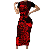 Hawaii Family Matching Short Sleeve Bodycon Dress and Hawaiian Shirt Hammerhead Shark Tattoo Mix Polynesian Plumeria Red Version - Wonder Print Shop