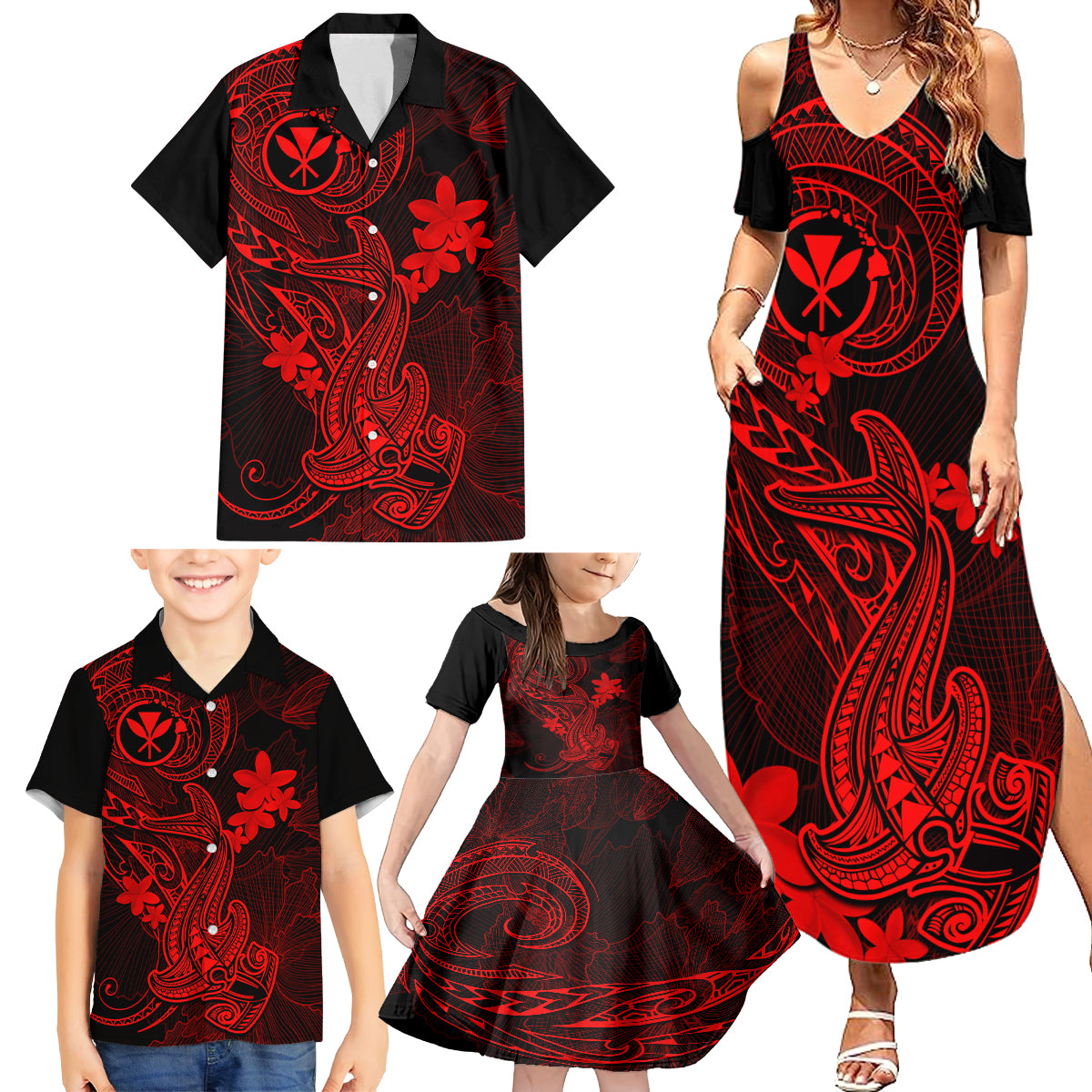 Hawaii Family Matching Summer Maxi Dress and Hawaiian Shirt Hammerhead Shark Tattoo Mix Polynesian Plumeria Red Version - Wonder Print Shop