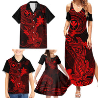 Hawaii Family Matching Summer Maxi Dress and Hawaiian Shirt Hammerhead Shark Tattoo Mix Polynesian Plumeria Red Version - Wonder Print Shop