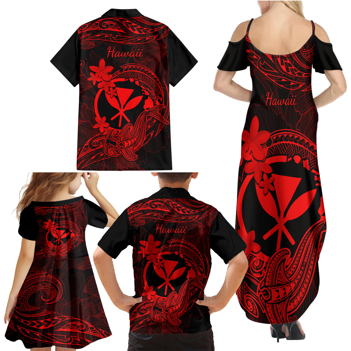 Hawaii Family Matching Summer Maxi Dress and Hawaiian Shirt Hammerhead Shark Tattoo Mix Polynesian Plumeria Red Version - Wonder Print Shop