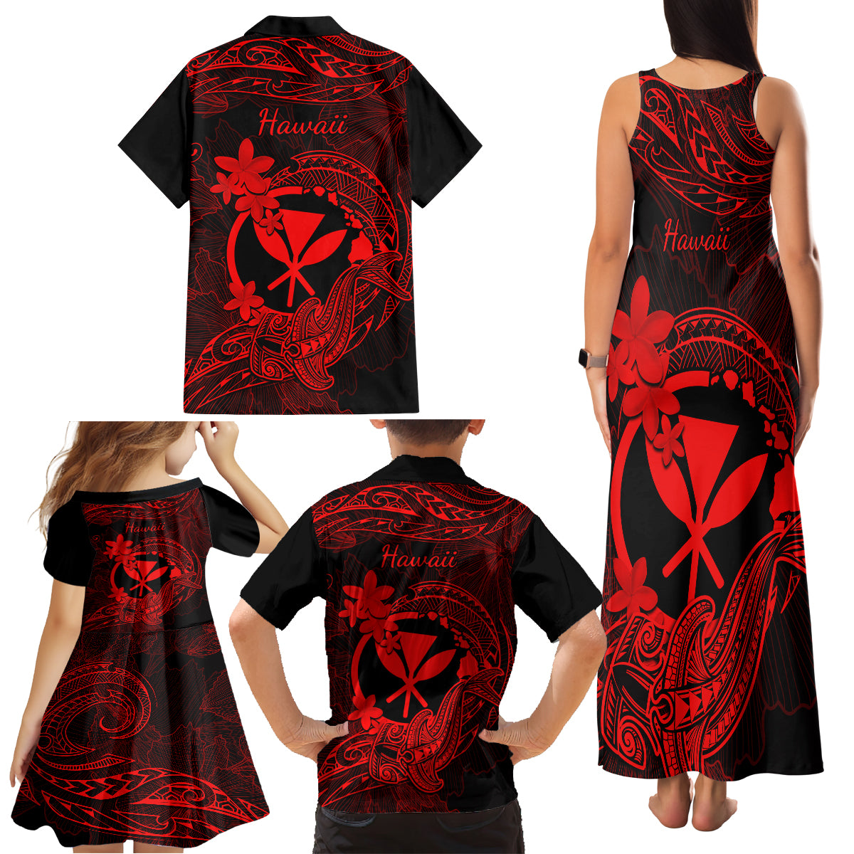 Hawaii Family Matching Tank Maxi Dress and Hawaiian Shirt Hammerhead Shark Tattoo Mix Polynesian Plumeria Red Version - Wonder Print Shop