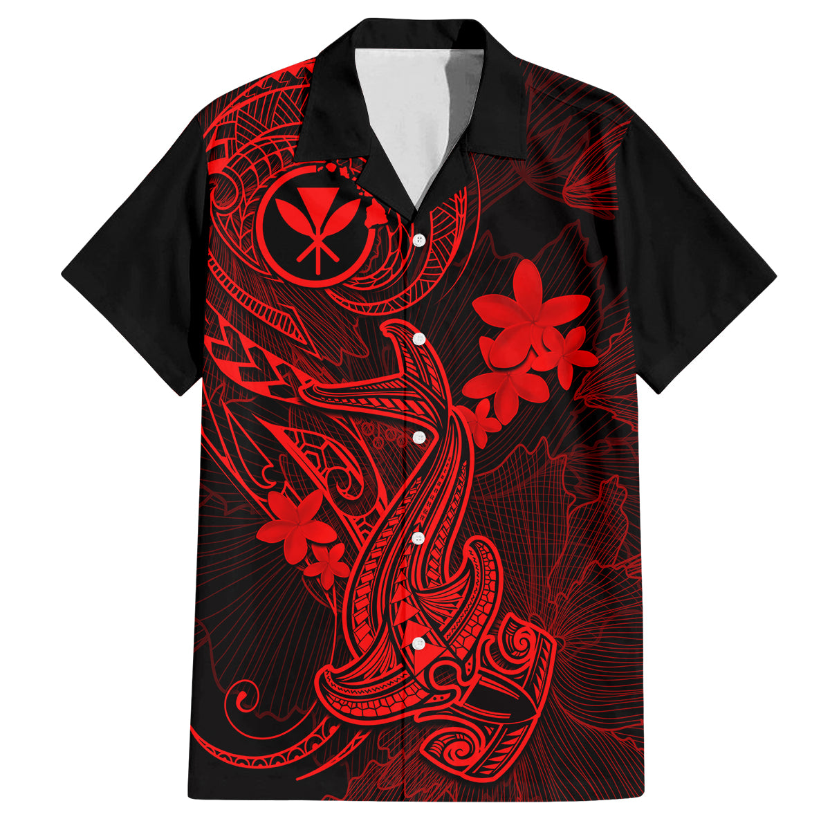 Hawaii Family Matching Tank Maxi Dress and Hawaiian Shirt Hammerhead Shark Tattoo Mix Polynesian Plumeria Red Version - Wonder Print Shop