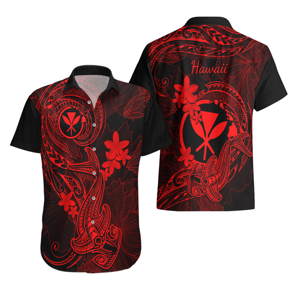 Hawaii Hawaiian Shirt Hammerhead Shark Tattoo Mix Polynesian Plumeria Red Version - Wonder Print Shop