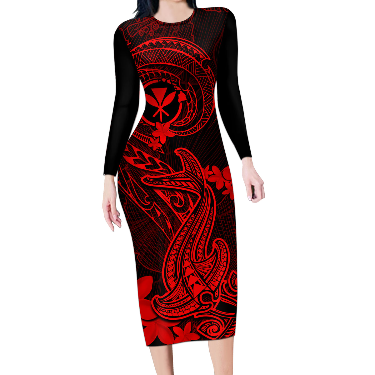 Hawaii Long Sleeve Bodycon Dress Hammerhead Shark Tattoo Mix Polynesian Plumeria Red Version - Wonder Print Shop