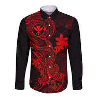Hawaii Long Sleeve Button Shirt Hammerhead Shark Tattoo Mix Polynesian Plumeria Red Version - Wonder Print Shop
