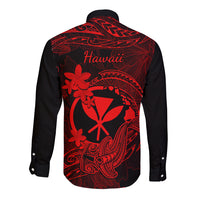 Hawaii Long Sleeve Button Shirt Hammerhead Shark Tattoo Mix Polynesian Plumeria Red Version - Wonder Print Shop