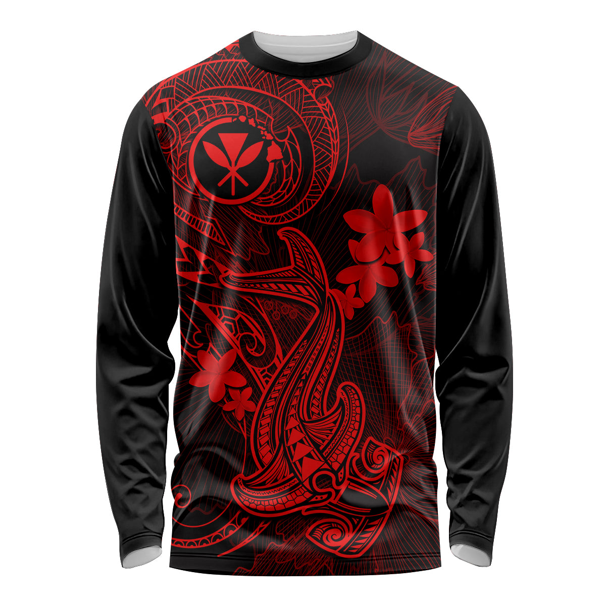 Hawaii Long Sleeve Shirt Hammerhead Shark Tattoo Mix Polynesian Plumeria Red Version - Wonder Print Shop