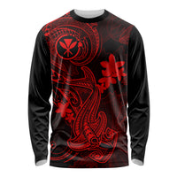 Hawaii Long Sleeve Shirt Hammerhead Shark Tattoo Mix Polynesian Plumeria Red Version - Wonder Print Shop