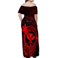 Hawaii Off Shoulder Maxi Dress Hammerhead Shark Tattoo Mix Polynesian Plumeria Red Version - Wonder Print Shop