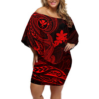 Hawaii Off Shoulder Short Dress Hammerhead Shark Tattoo Mix Polynesian Plumeria Red Version - Wonder Print Shop