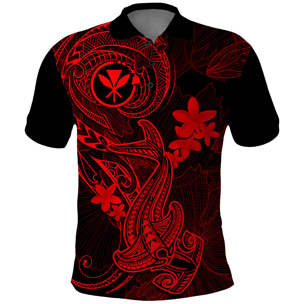 Hawaii Polo Shirt Hammerhead Shark Tattoo Mix Polynesian Plumeria Red Version - Wonder Print Shop