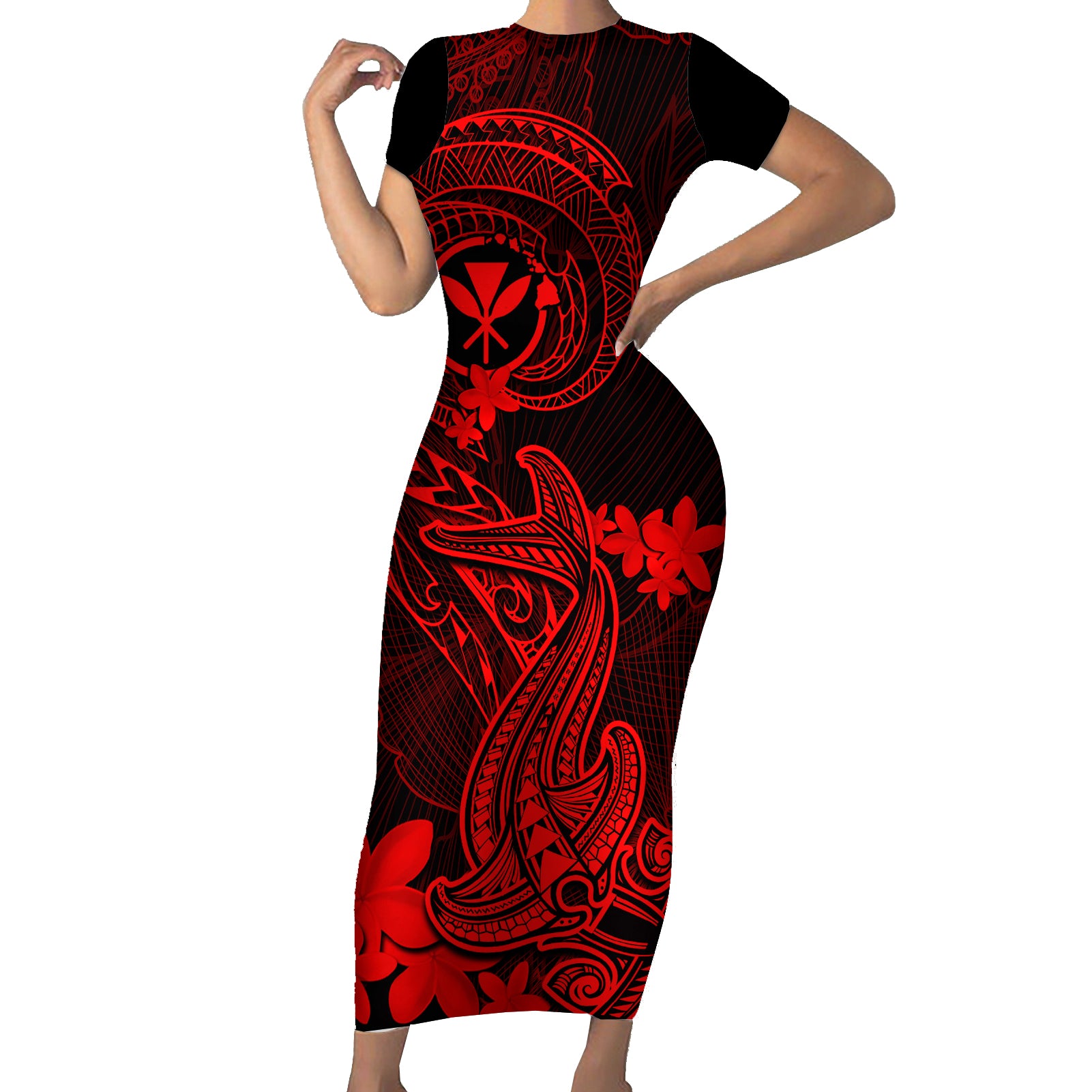 Hawaii Short Sleeve Bodycon Dress Hammerhead Shark Tattoo Mix Polynesian Plumeria Red Version - Wonder Print Shop